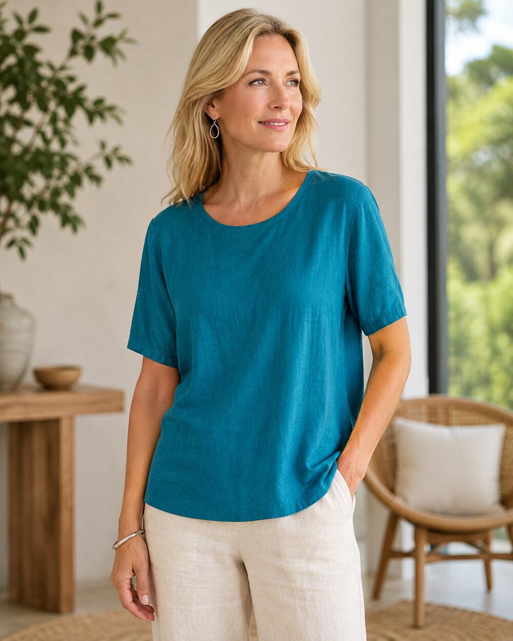 Eileen Fisher Woman 1X Teal Turquoise 100% Organic Cotton Short Sleeve Relaxed T